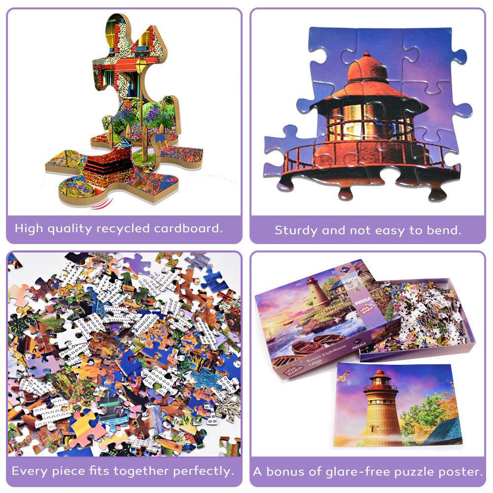Charming Coastal Lighthouse Jigsaw Puzzle for Adults 1000 Pieces - Vibrant Sunset Scene with Sailboats & Cottage, Premium Fit Family Game Night Puzzles for Relaxation (27.56x19.69 Inch)