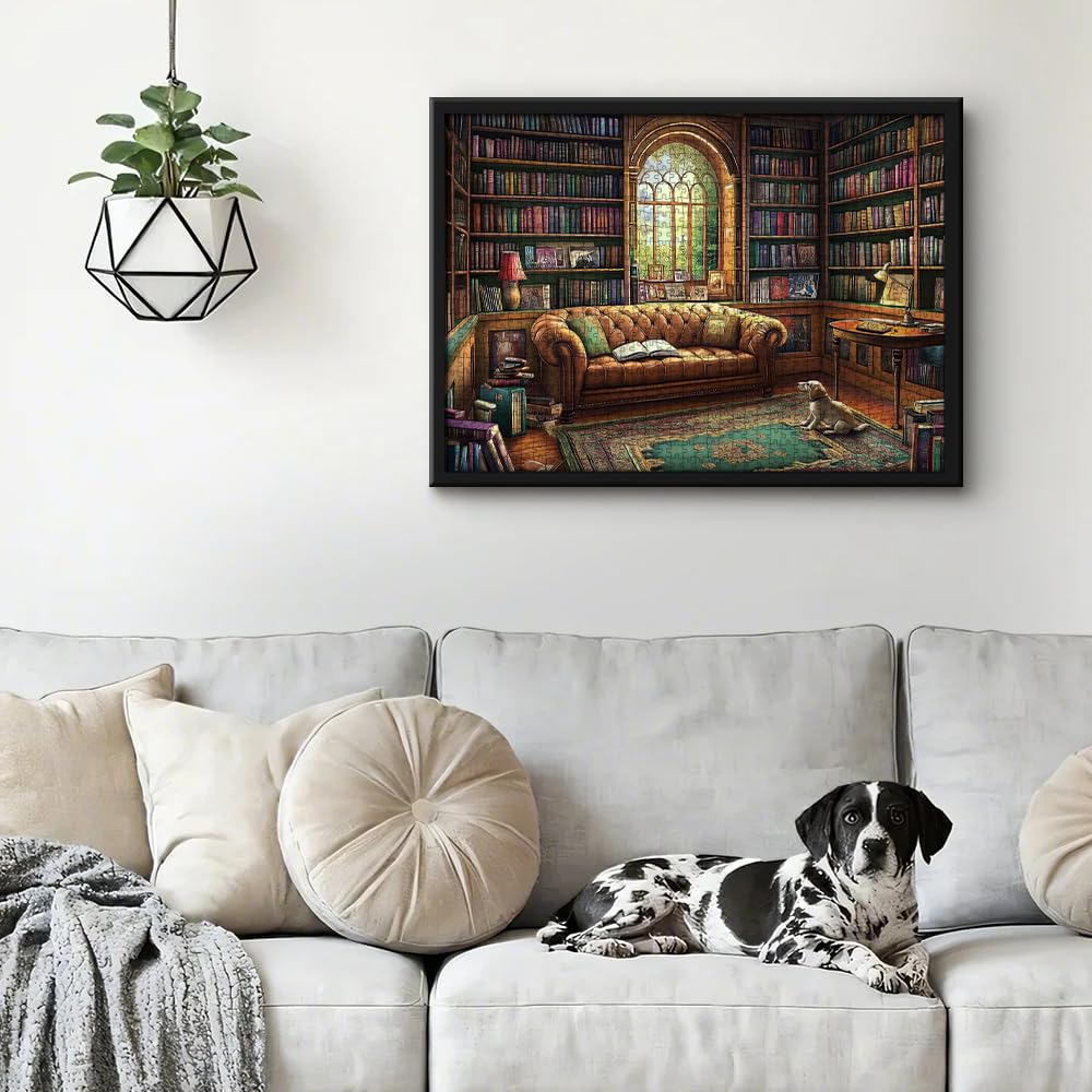1000 Piece Vintage Library Jigsaw Puzzle for Adults & Families - Challenging Cozy Bookshelf Scene with Leather Sofa (27.56x19.69 Inch) Fit Together Perfectly for Game Nights
