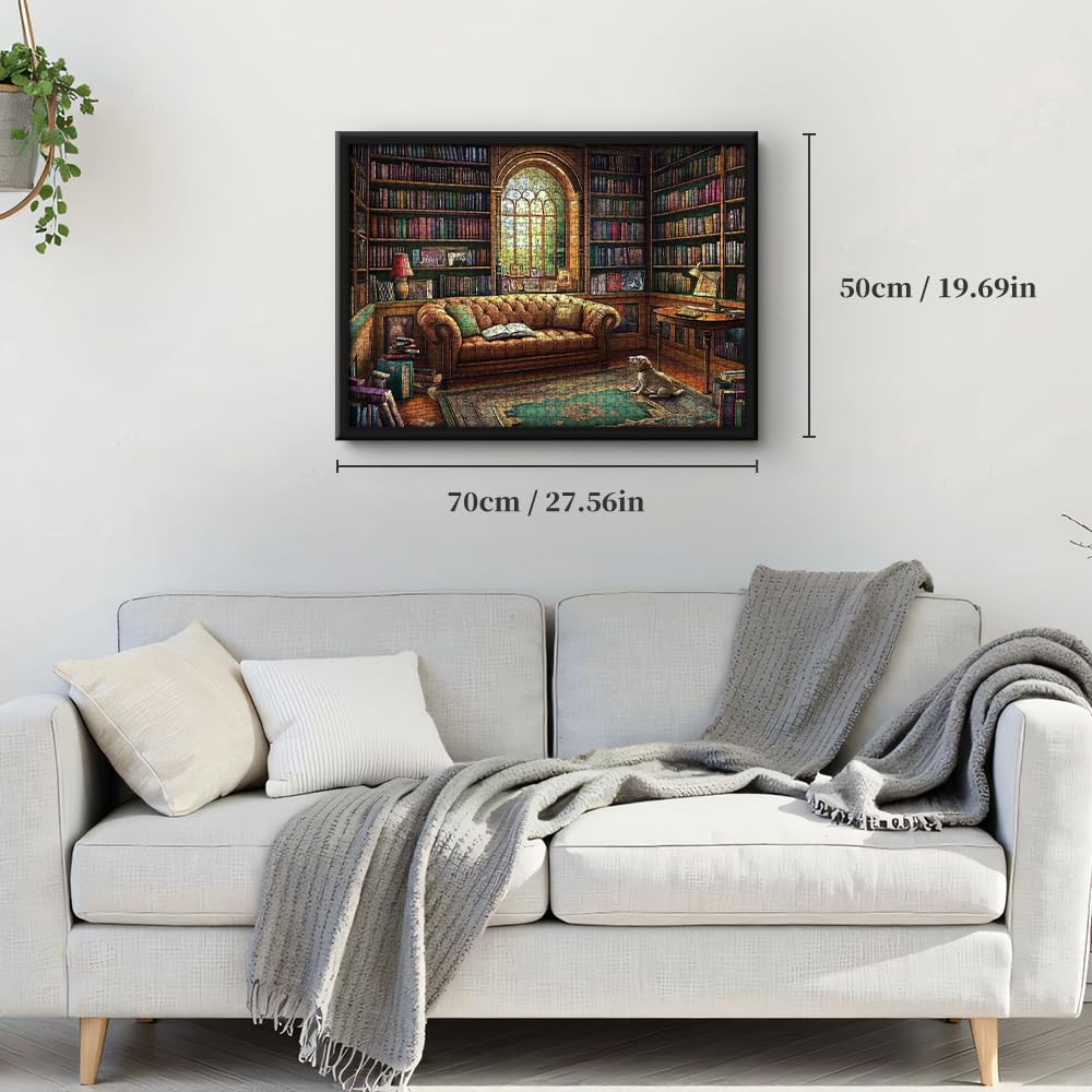 1000 Piece Vintage Library Jigsaw Puzzle for Adults & Families - Challenging Cozy Bookshelf Scene with Leather Sofa (27.56x19.69 Inch) Fit Together Perfectly for Game Nights