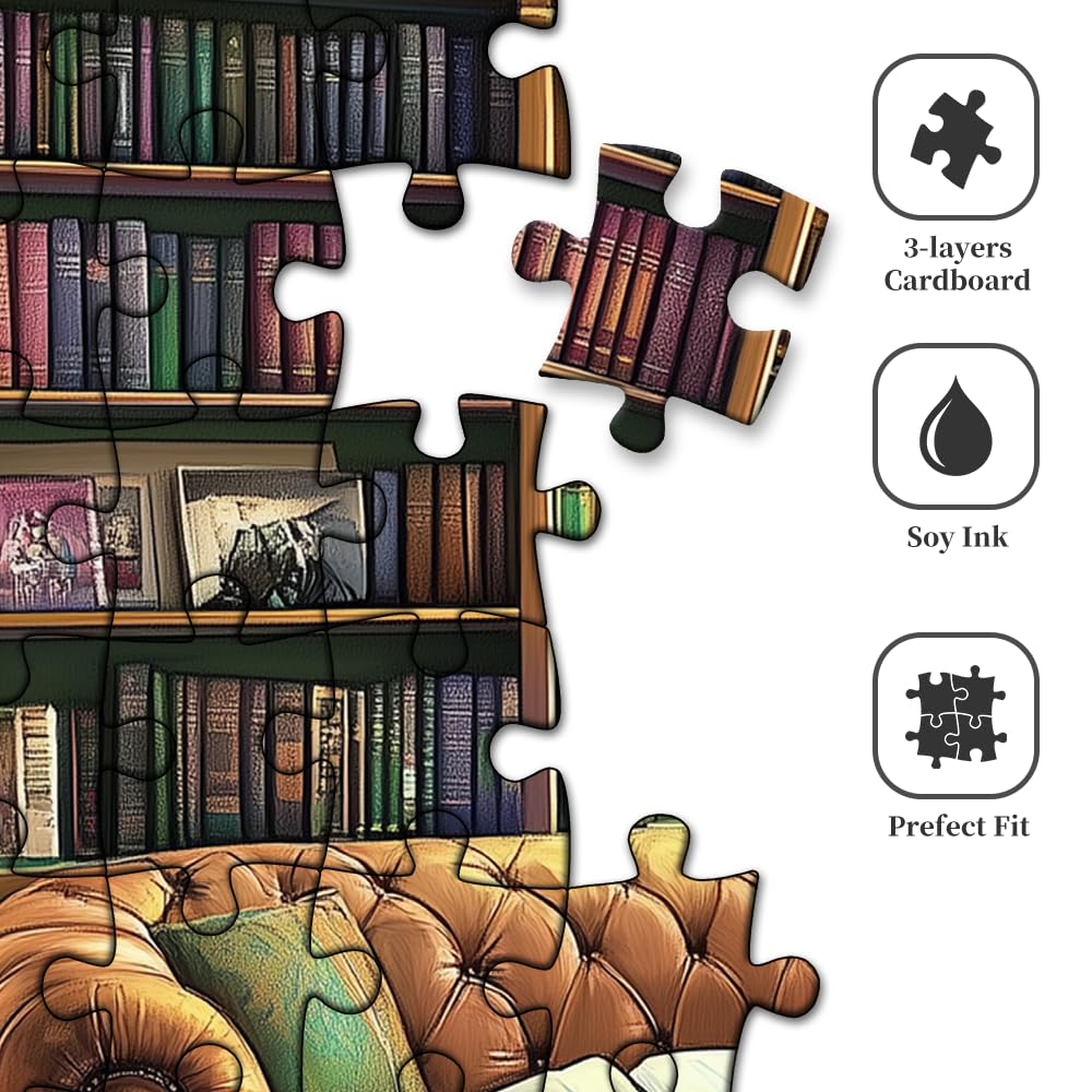 1000 Piece Vintage Library Jigsaw Puzzle for Adults & Families - Challenging Cozy Bookshelf Scene with Leather Sofa (27.56x19.69 Inch) Fit Together Perfectly for Game Nights