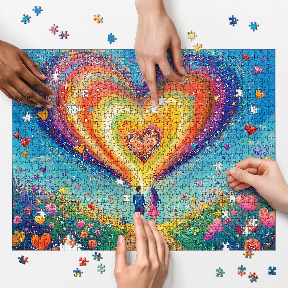 Colorful Heart Puzzles for Adults 1000 Pieces, Rainbow Gradient Love Jigsaw Puzzle, Impossible Lovers Art Painting Hard Difficult Challenging Puzzles As Home Decor