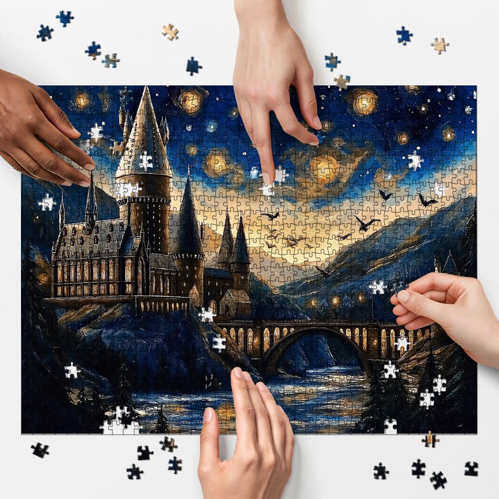 Enchanted Castle Jigsaw Puzzle for Adults 1000 Pieces - Starry Night Sky with Mystical River & Bats