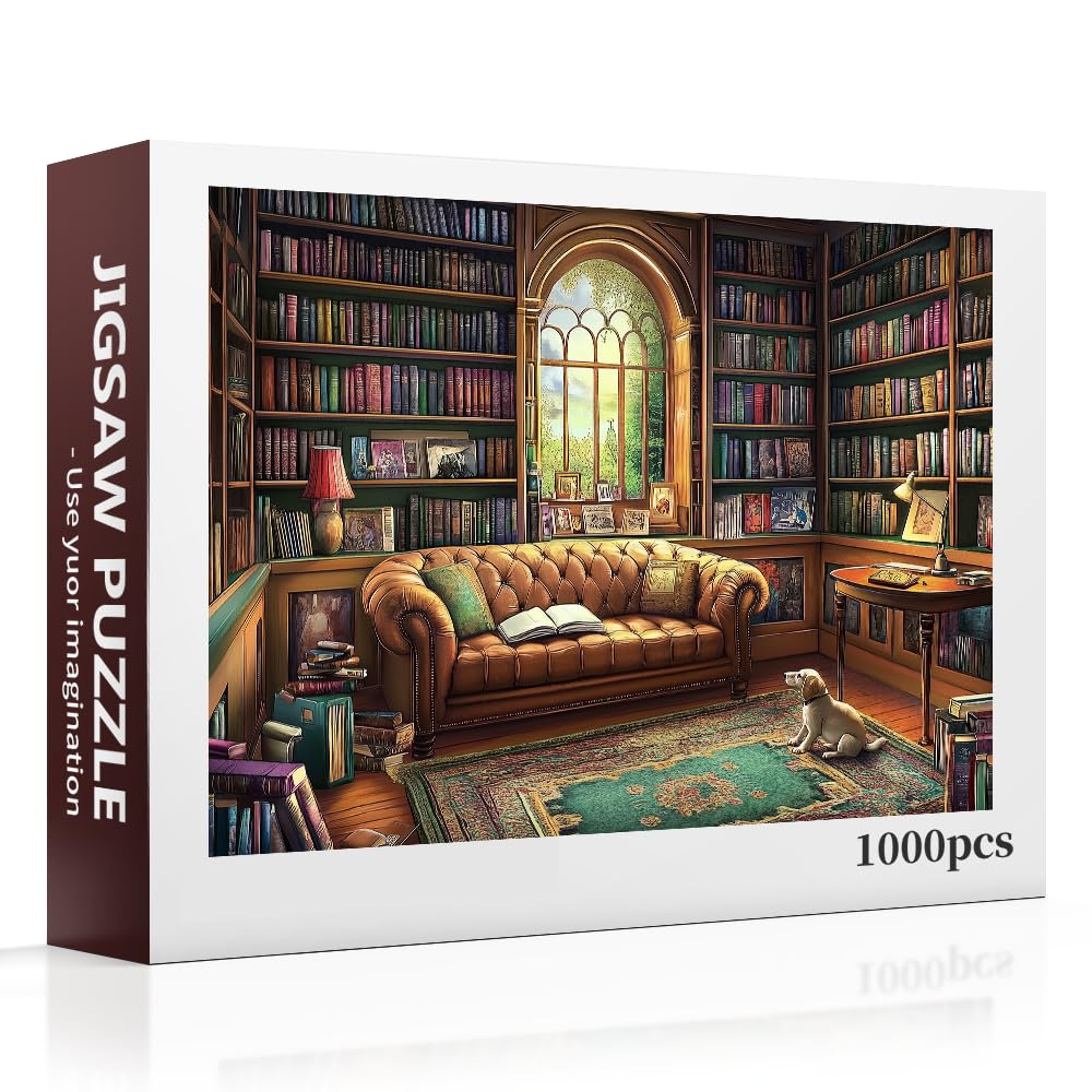 1000 Piece Vintage Library Jigsaw Puzzle for Adults & Families - Challenging Cozy Bookshelf Scene with Leather Sofa (27.56x19.69 Inch) Fit Together Perfectly for Game Nights